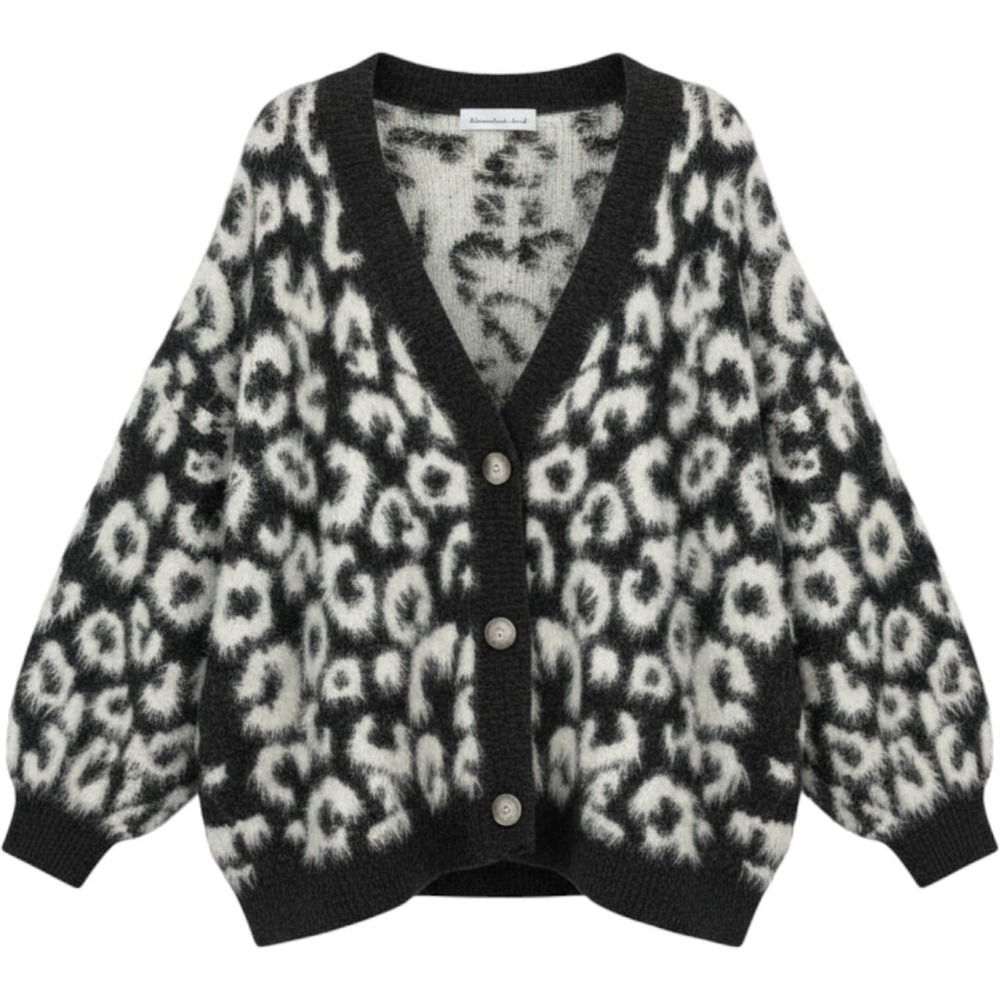Fuzzy Leopard Print Cardigan Sweater Women L Black White Eyelash Knit